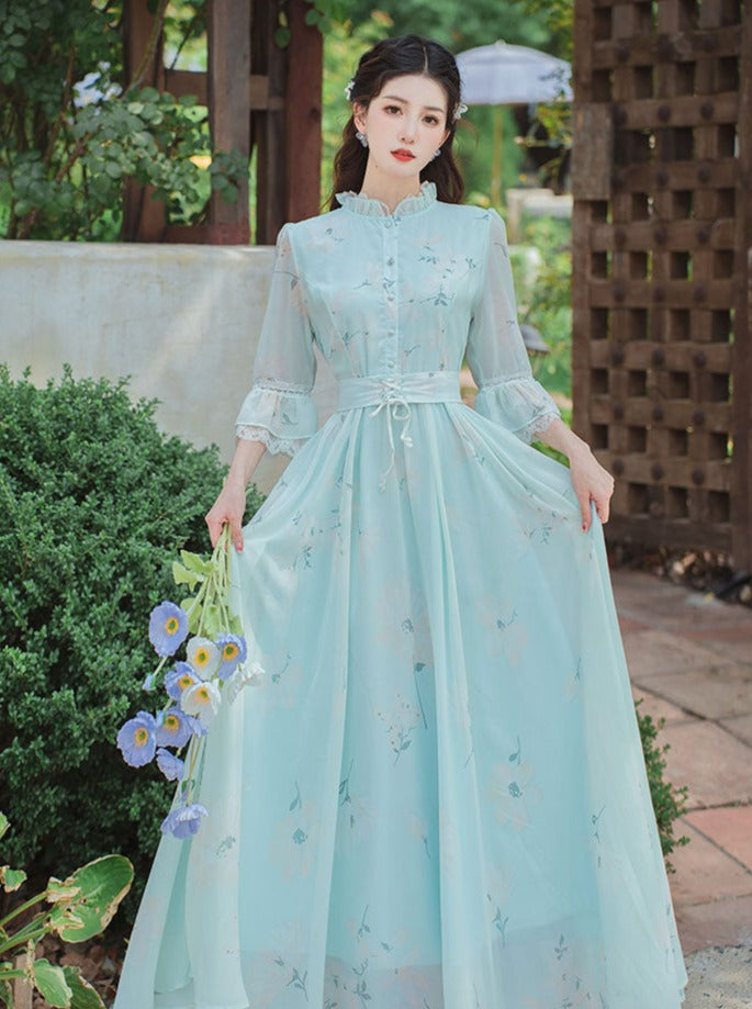 Retro Flower Stand Collar Dress
