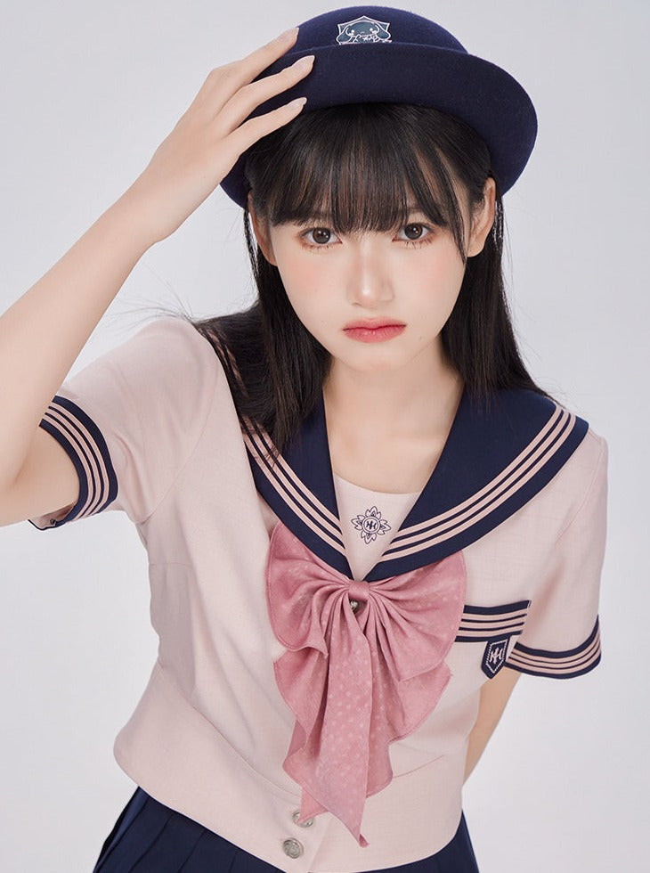 College Sailor Top + High Waist Slim a Line Skirt