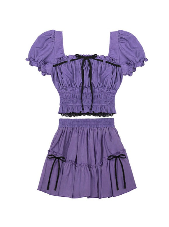 Chiffon Waist Square Collar Puff Sleeve Princess Set
