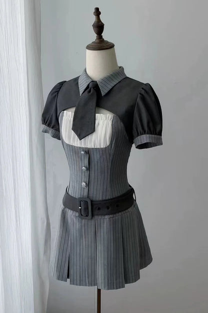[pre-order Deadline: April 15] Gray Pinstripe Tie Collar Short Jacket Dress Full Set + Jewel Casquette