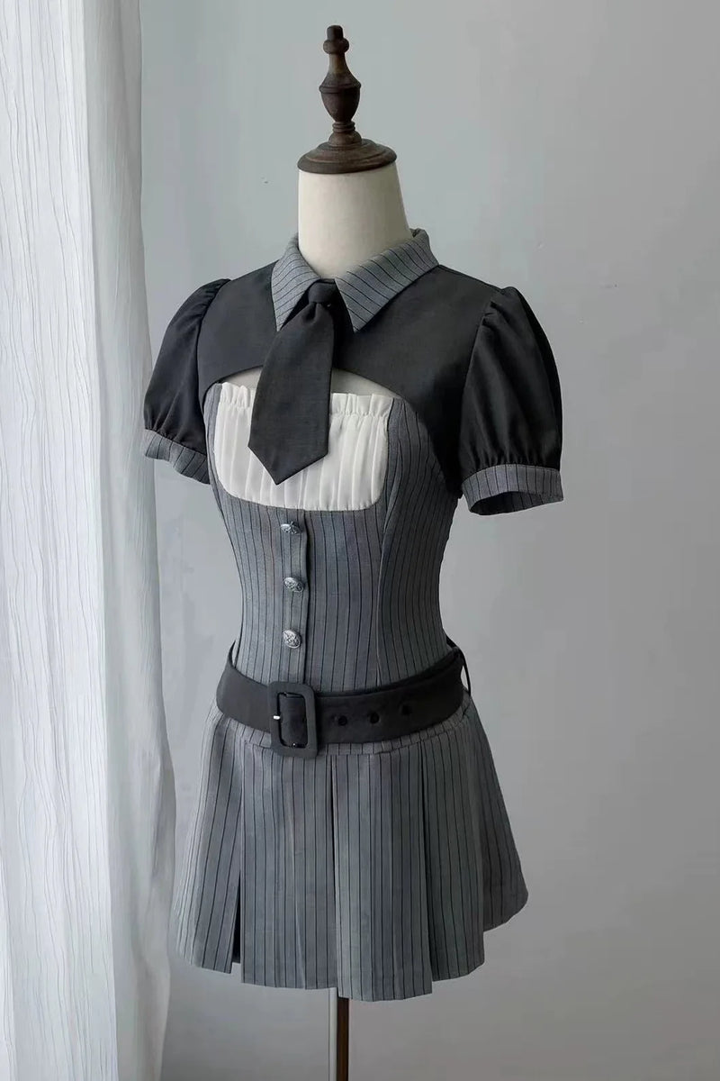 [pre-order Deadline: April 15] Gray Pinstripe Tie Collar Short Jacket Dress Full Set + Jewel Casquette