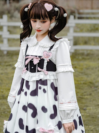 Fur Coat + Cow Suspender Skirt + Blouse