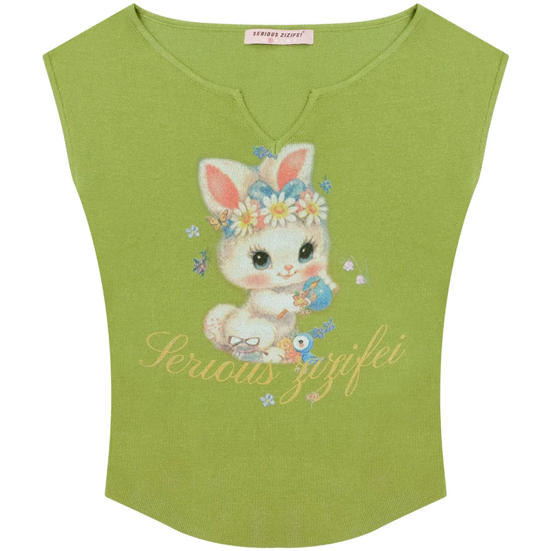 Green Rabbit Print V-neck Top