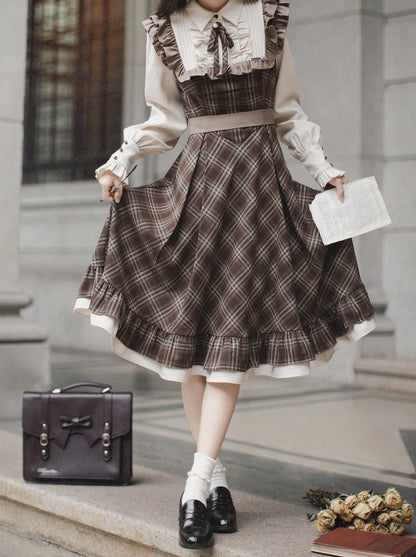 Retro Brown Plaid Volume Sleeveless Layered Dress + Pearl Ribbon Accessory + Classic Belt Coat [pre-order]