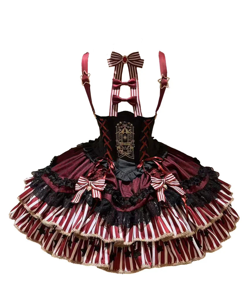 [pre-order Deadline: May 20] Magical Girl Lolita Lace Puff Sleeve Shirt + Black X Red Ribbon Corset Tiered Dress + Mini Hat