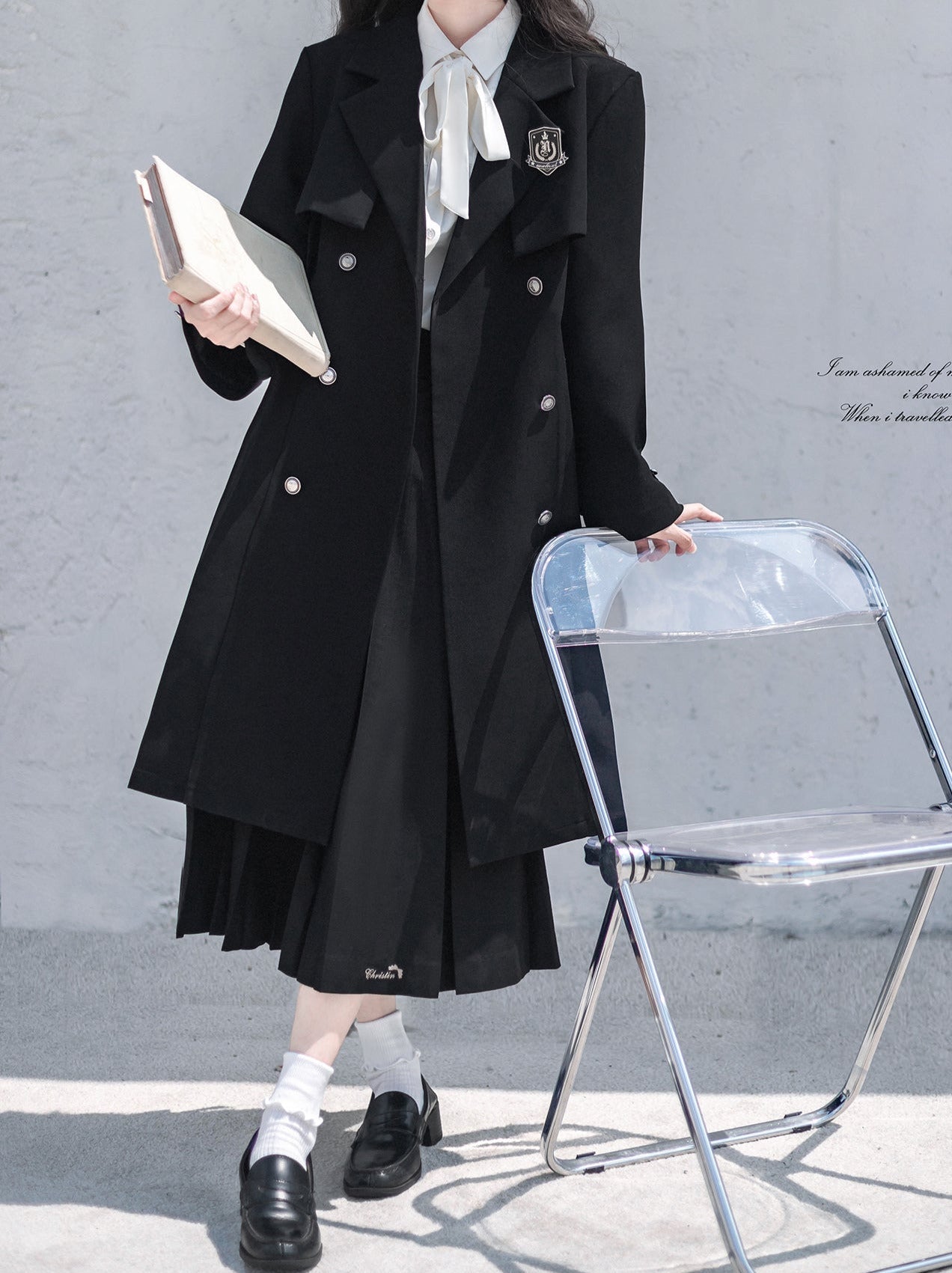 College Black Trench Coat + Metal Badge + Embroidery Ribbon Shirt + Pleated Skirt