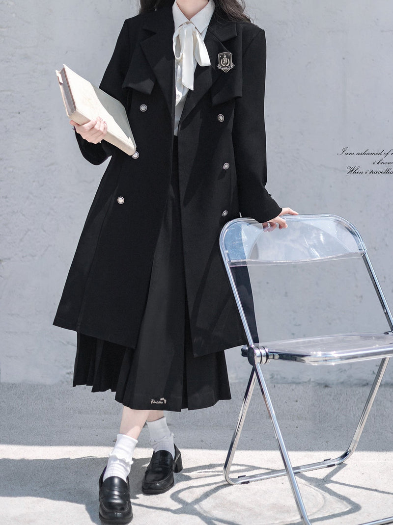 College Black Trench Coat + Metal Badge + Embroidery Ribbon Shirt + Pleated Skirt