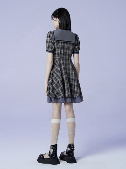 Plaid Bow Sailor Layered Dress