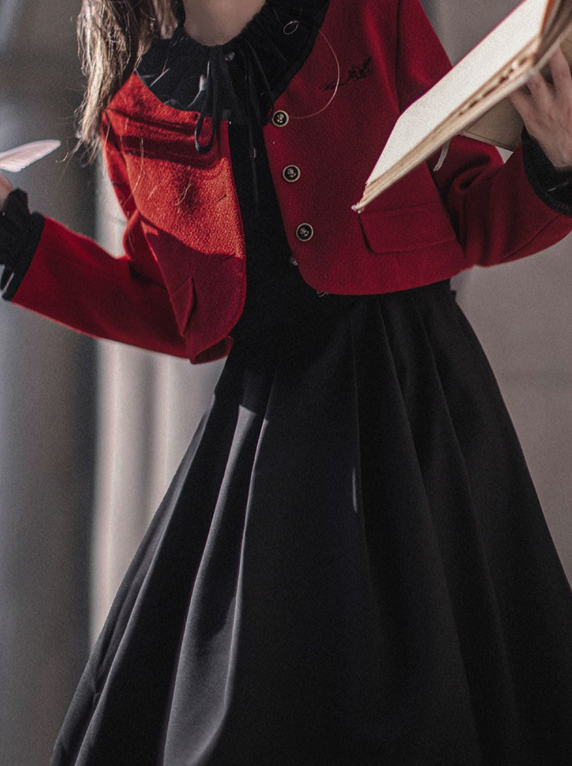 Retro Suit Red Short Jacket + Black Ruffle Lantern Sleeve Dress + Ribbon Tie