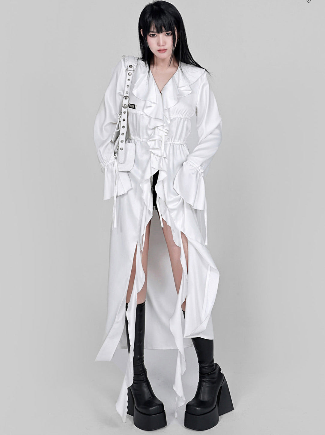 Cool Ruffle Tassel Drawstring Long Shirt Dress