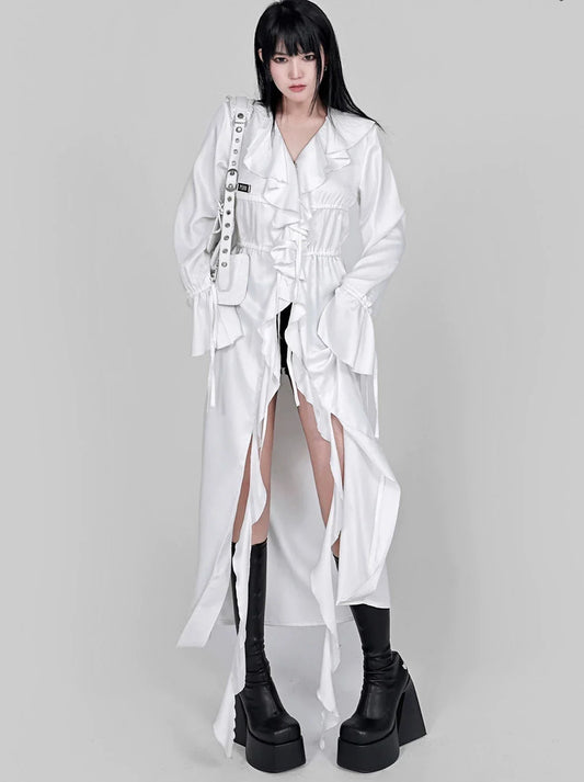 Ruffle Lace Drawstring Waist Shirt Extra Long Jacket