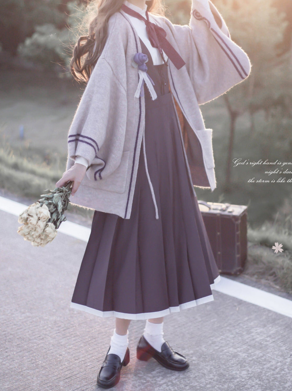 Retro Japanese-style Sleeve Knit Cardigan + Ruffle Stand Collar Shirt + Vest Dress + Ribbon + Corsage