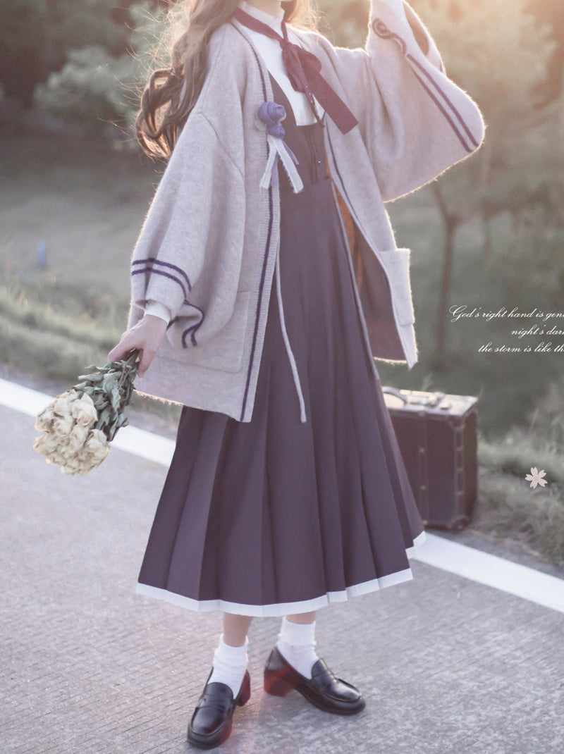 Retro Japanese-style Sleeve Knit Cardigan + Ruffle Stand Collar Shirt + Vest Dress + Ribbon + Corsage