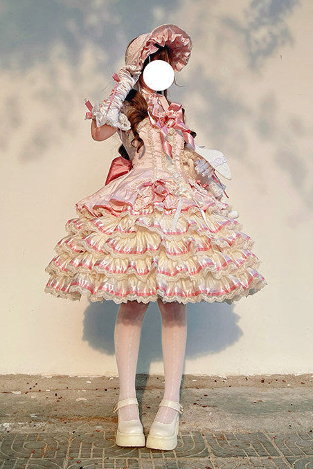 [pre-order Deadline: April 30] Sweet Pink Lolita Lace Ribbon Tiered Ruffle Princess Dress