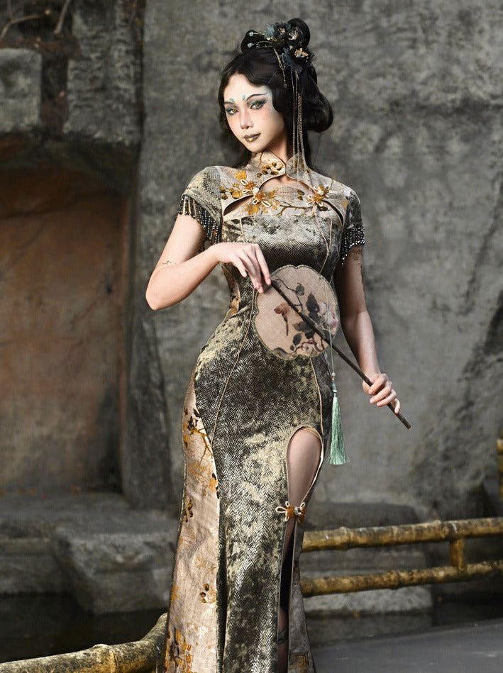 Dragon Festival Buckle Slim Mermaid Long Slit Cheongsam Dress