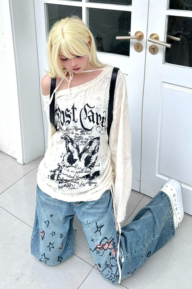 Butterfly Tie Off-shoulder Distressed Top Set