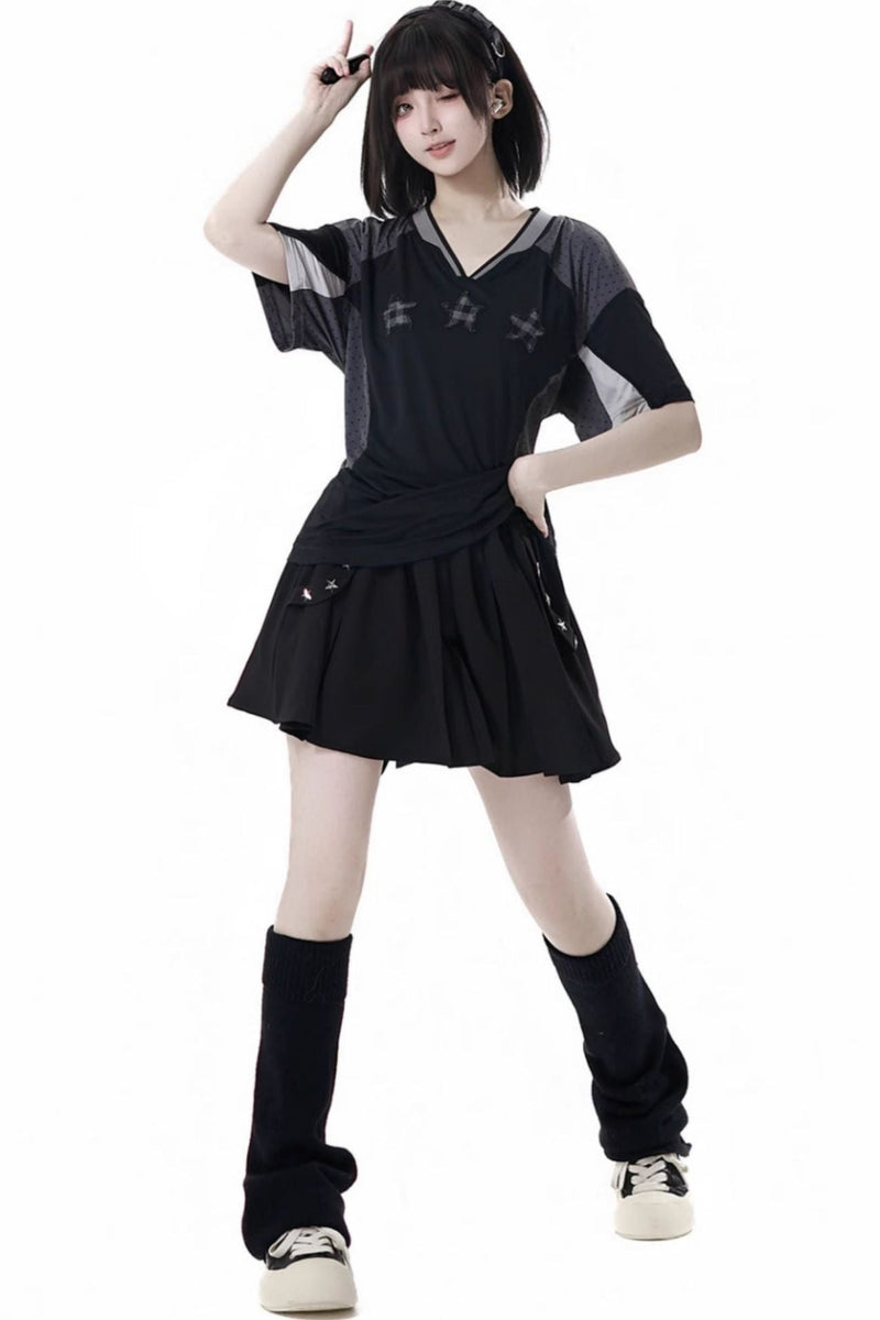 Mode Star Jersey Crew Neck Top + V Neck Top + Short Skirt + Long Skirt