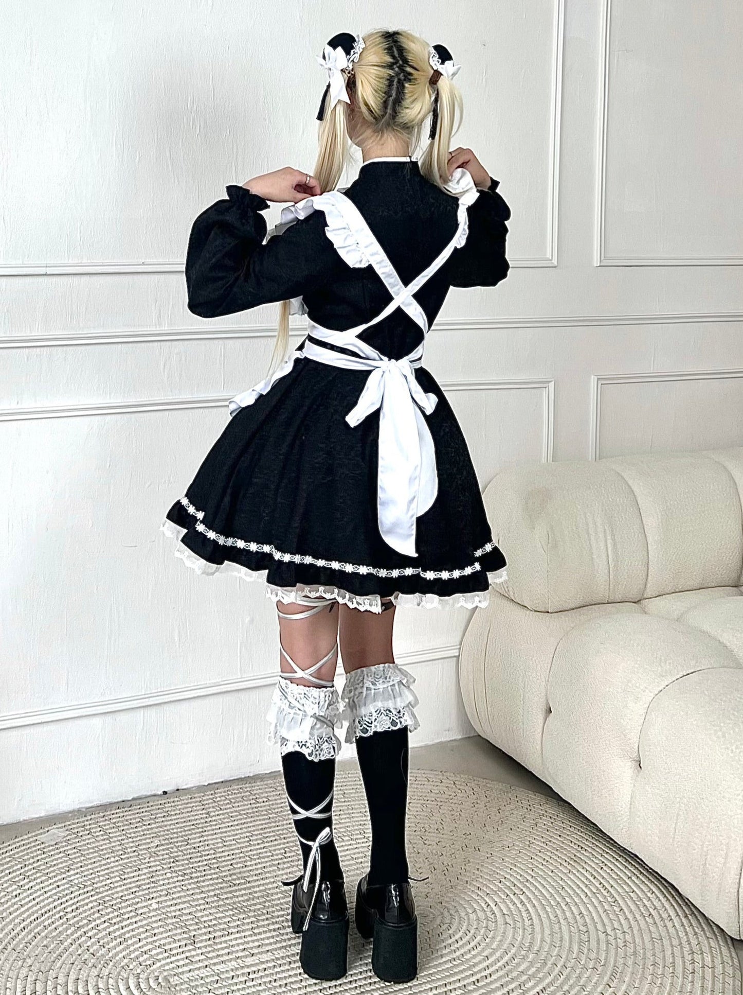 Black White Chinese-style Maid Ribbon Apron Dress Set [short Sleeve / Long Sleeve]