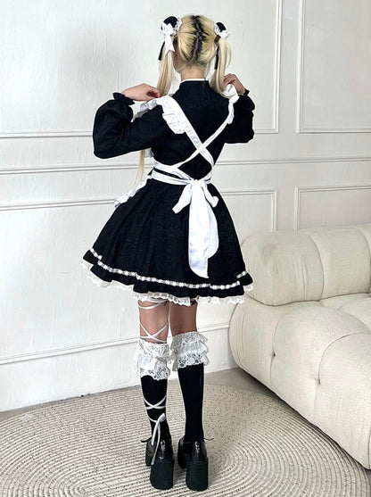 Black White Chinese-style Maid Ribbon Apron Dress Set [short Sleeve / Long Sleeve]
