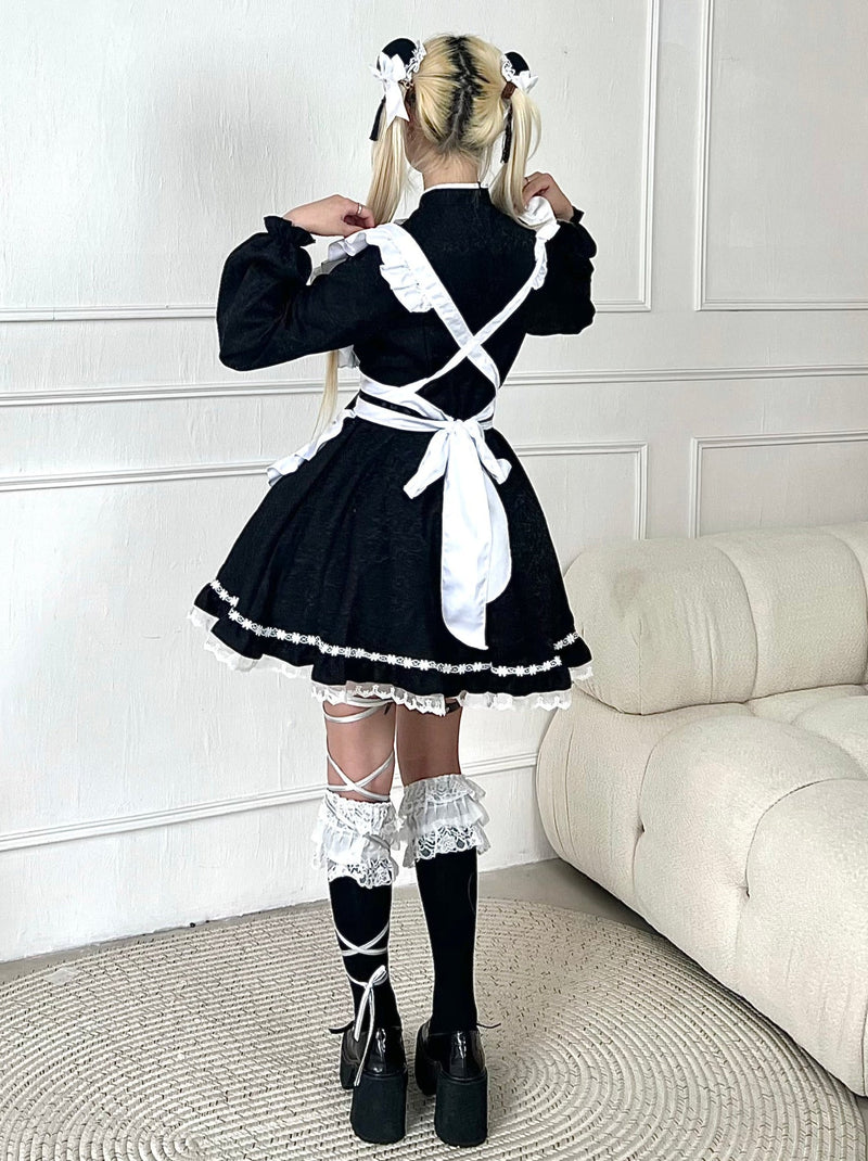 Black White Chinese-style Maid Ribbon Apron Dress Set [short Sleeve / Long Sleeve]