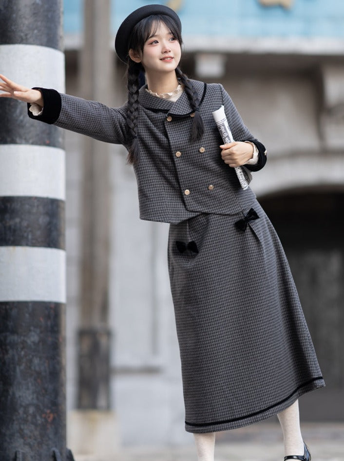 Dark Retro Plaid Top + Double Ribbon Flared Skirt