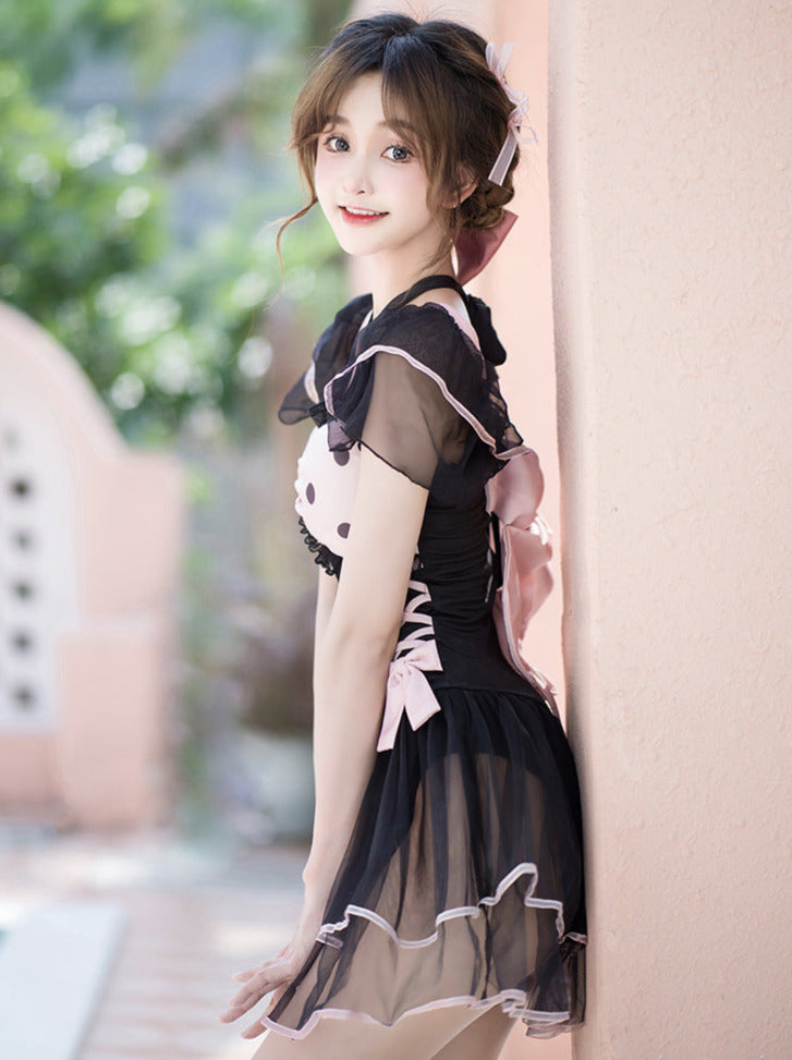 Dot Sheer Ruffle Lace Up Lolita Girly Dress Swimsuit