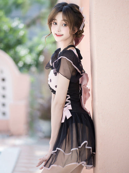 Dot Sheer Ruffle Lace Up Lolita Girly Dress Swimsuit