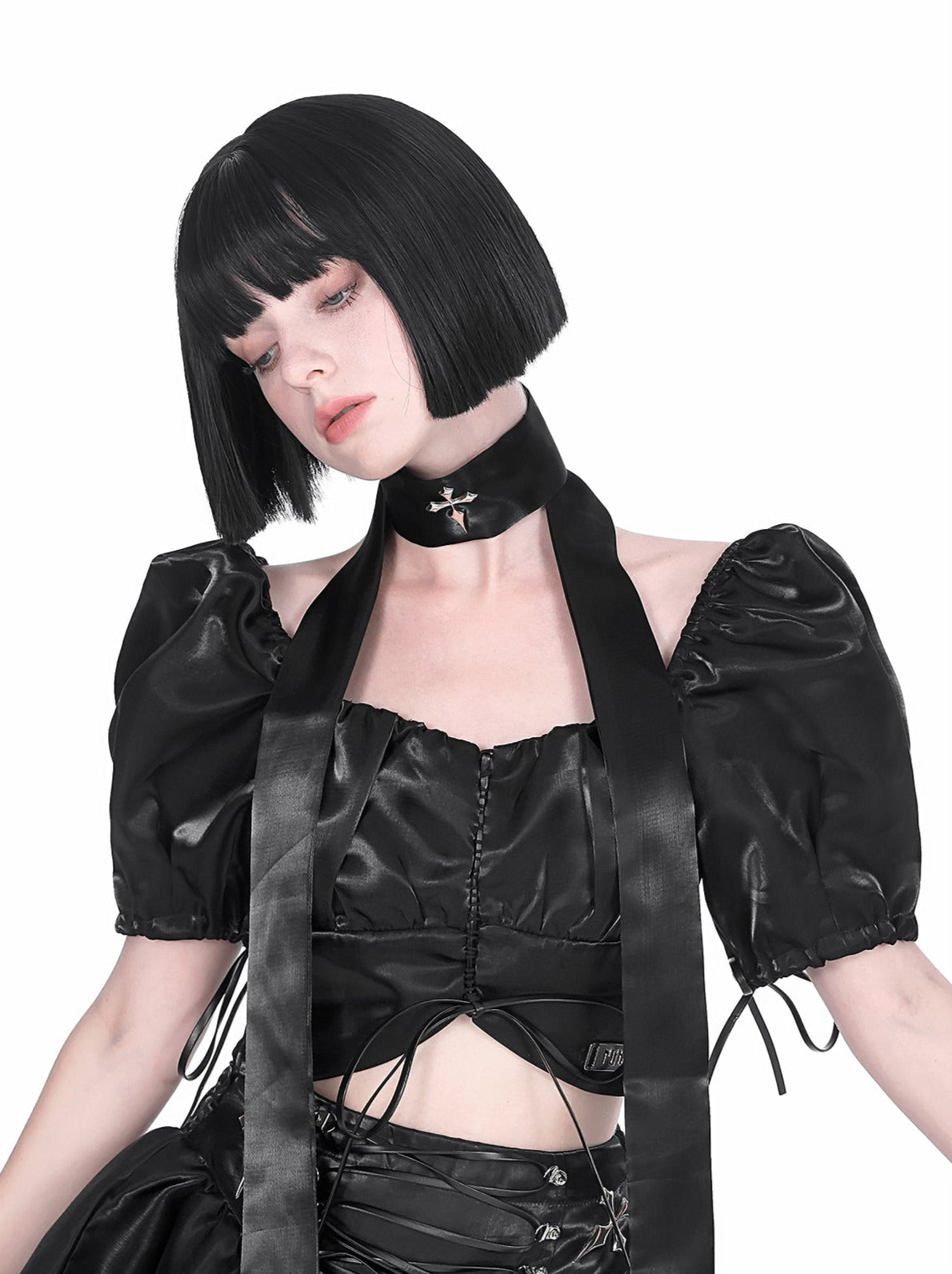 Cyberpunk Glitter Set Cross Neck Stole + Puff Sleeve Short Top + Lace Up Tulle Skirt