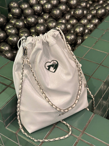 Cool Metal Heart Soft Leather Drawstring Bag