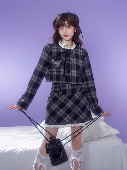 Dark Color Check Jacket + Lace Check Skirt