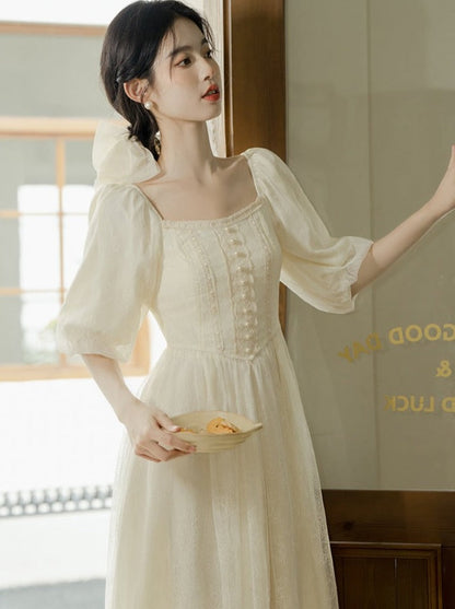 French Square Neck Lantern Sleeve Dress