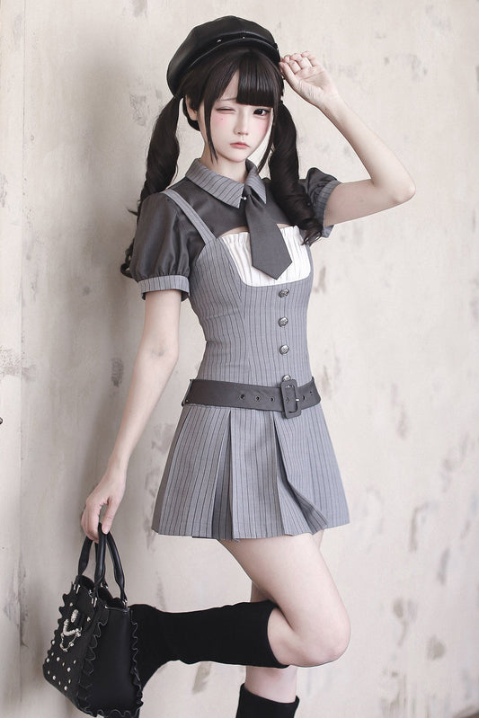 [pre-order Deadline: April 15] Gray Pinstripe Tie Collar Short Jacket Dress Full Set + Jewel Casquette