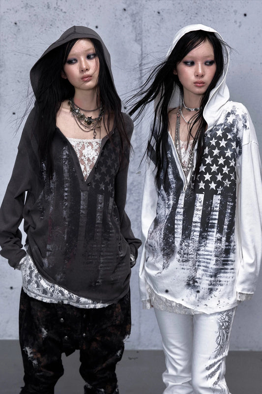 Lace Patchwork Loose Hooded Hoodie