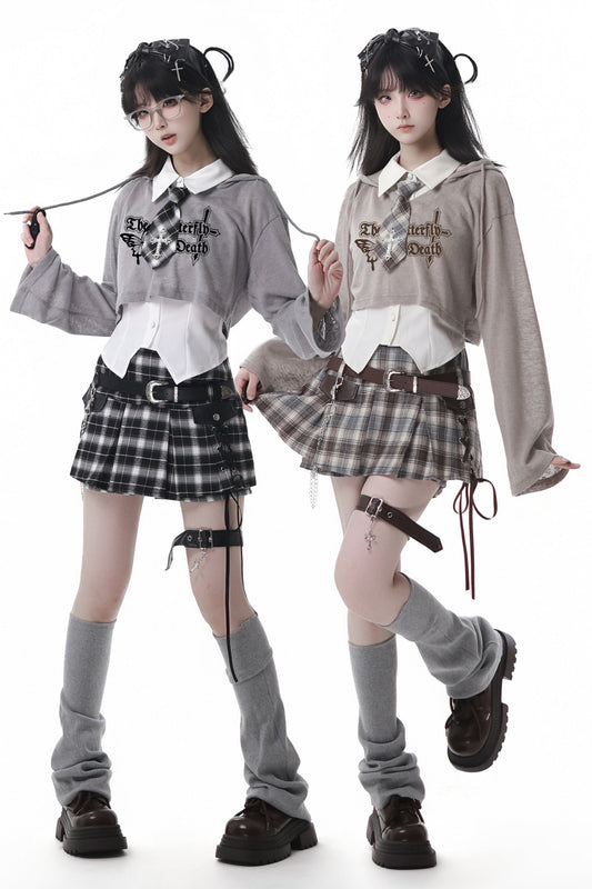 Y2k Hooded Crop Top + Sleeveless Shirt With Tie + Plaid Culottes