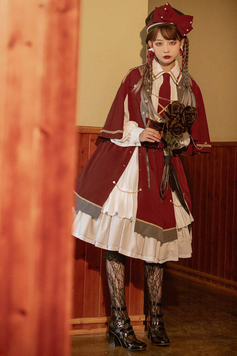 Military Style Cape Jacket + Ruffled Blouse With Tie + Waist Marked Split Layered Skirt