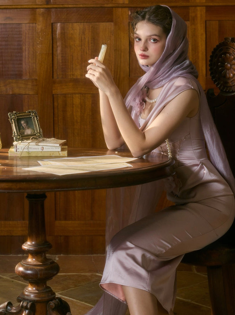 French Romantic Design Heavy Purple Satin Light Fishbone Dress