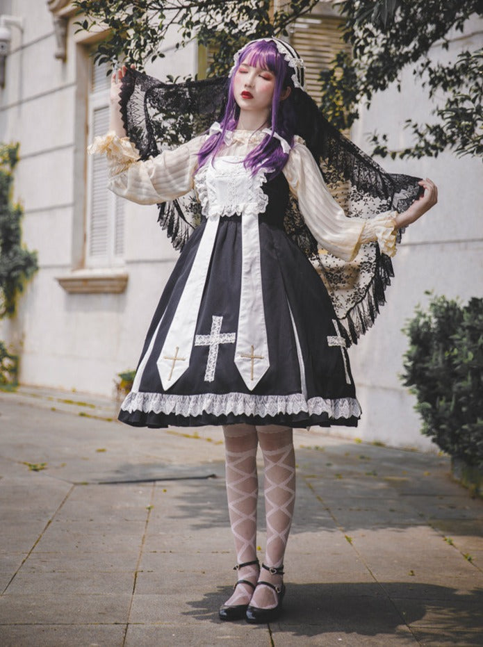 Cross Lolita Dress + Short Jacket + Headband + Veil + Collar