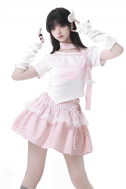 Pastel Sweet Twin T-shirt With Scarf + Puff Skirt + Arm Covers