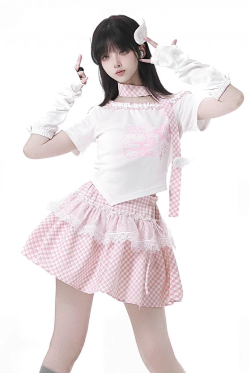 Pastel Sweet Twin T-shirt With Scarf + Puff Skirt + Arm Covers