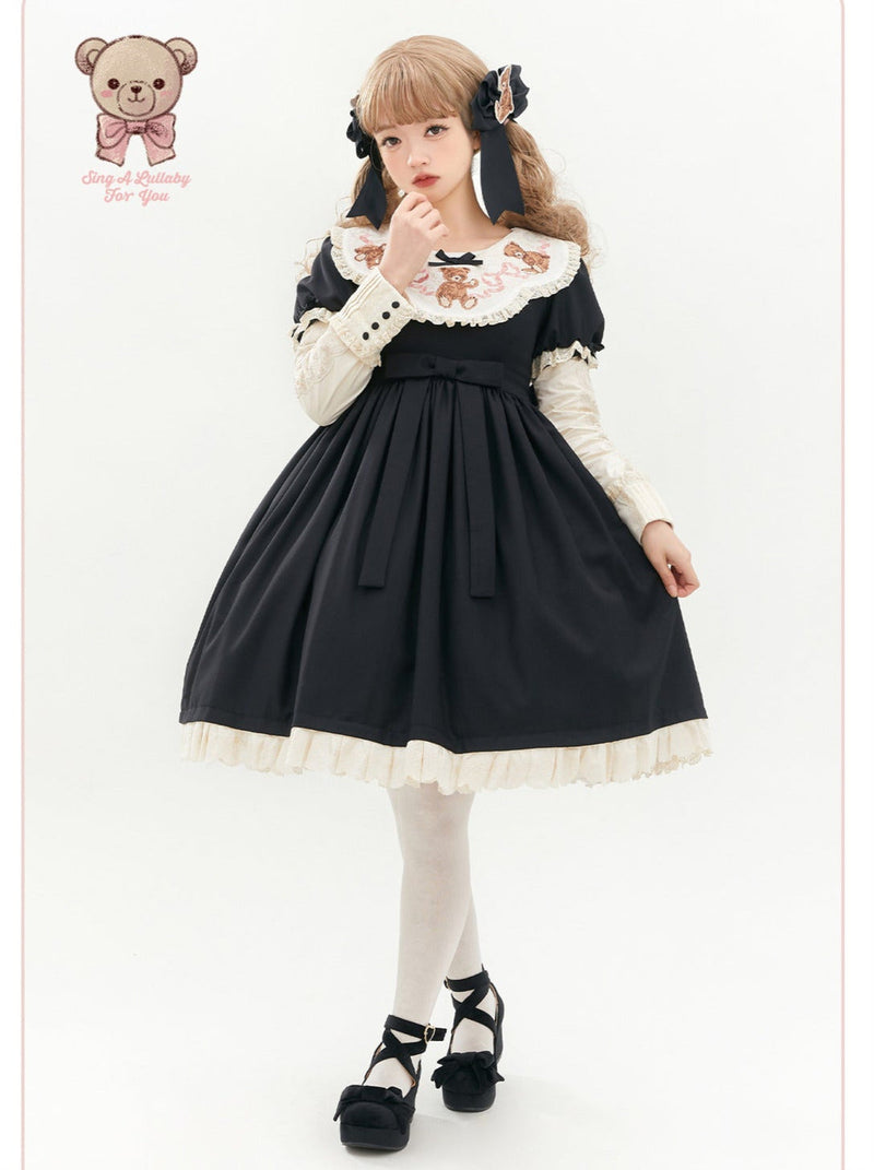 [pre-order] Lolita Teddy Bear Flap Lace Puff Sleeve Ribbon Dress