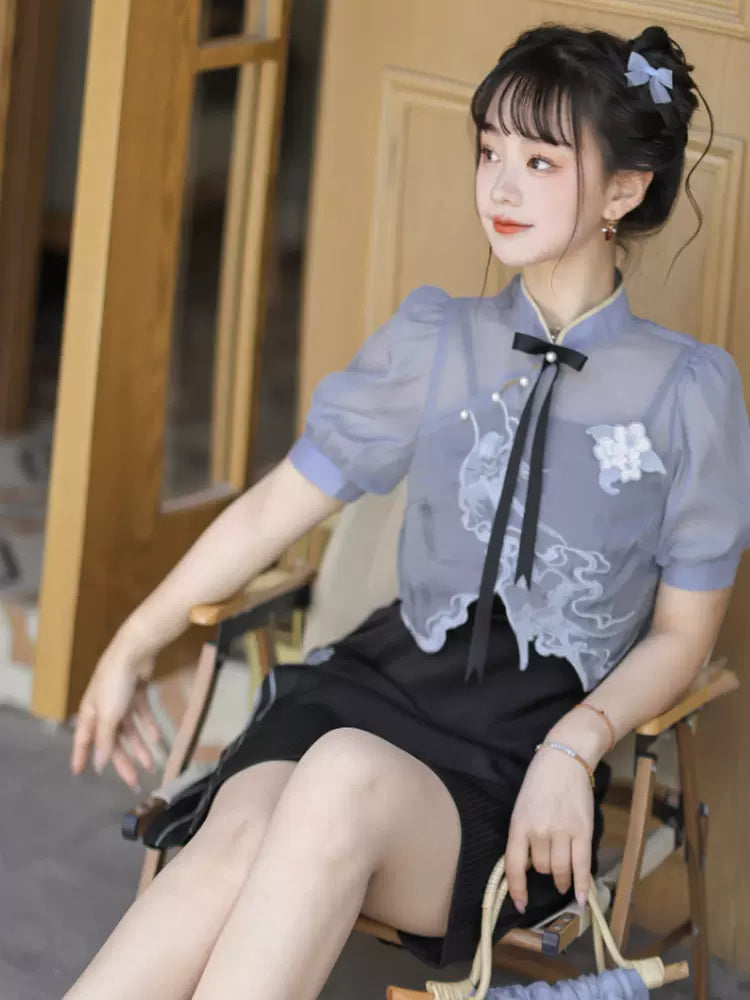 Sheer Short Chinese-style Shirt + Suspender Dress [short / Long] + Bag