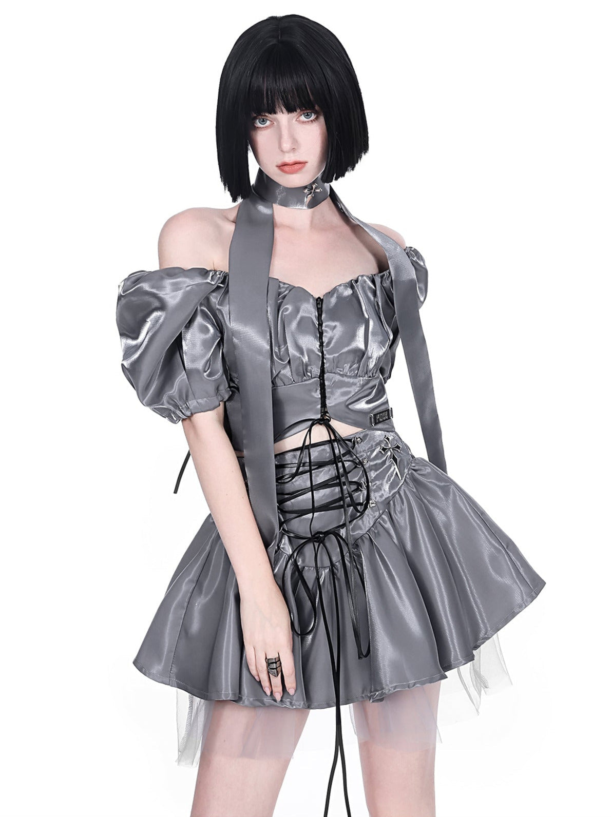Cyberpunk Glitter Set Cross Neck Stole + Puff Sleeve Short Top + Lace Up Tulle Skirt