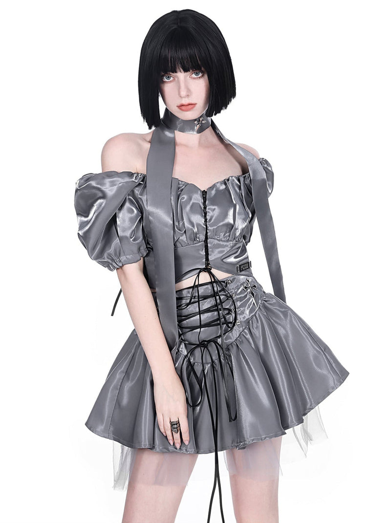Cyberpunk Glitter Set Cross Neck Stole + Puff Sleeve Short Top + Lace Up Tulle Skirt
