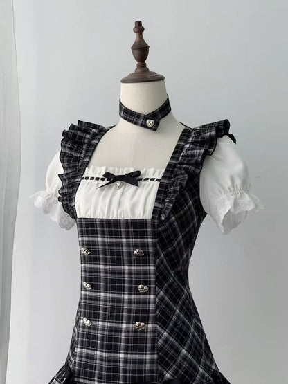 [pre-order Deadline: April 29] Black Check Ruffle Ribbon Puff Sleeve Mini Dress Set + Choker