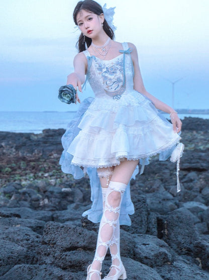 Ballet Style Fishbone Suspender Dress + Sheer Blue Skirt