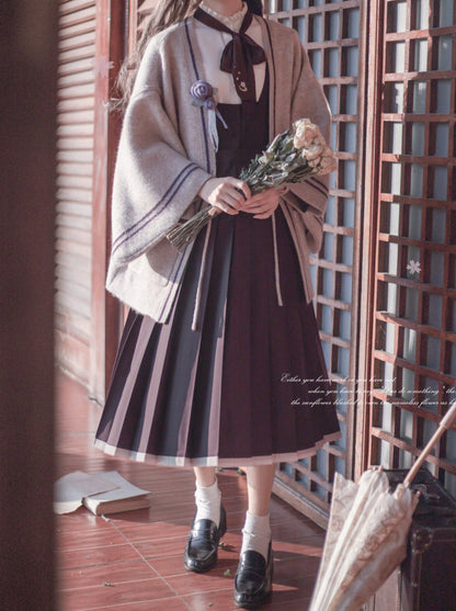Retro Japanese-style Sleeve Knit Cardigan + Ruffle Stand Collar Shirt + Vest Dress + Ribbon + Corsage