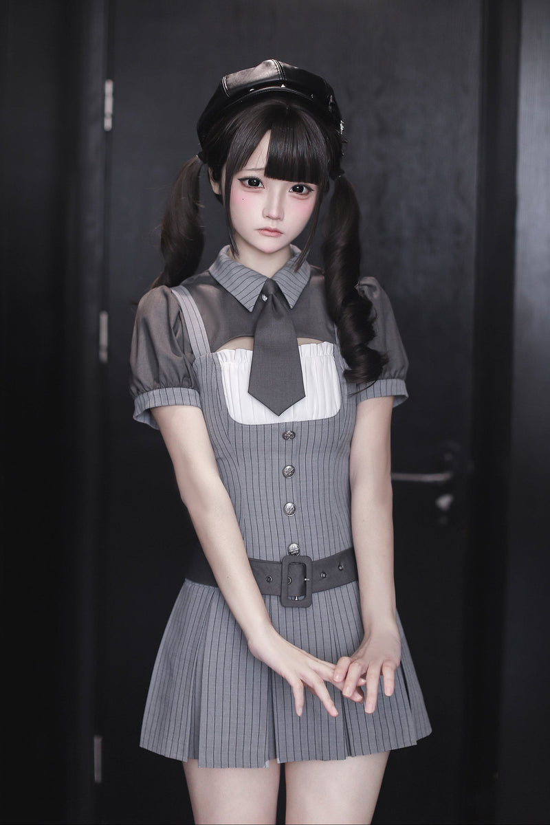 [pre-order Deadline: April 15] Gray Pinstripe Tie Collar Short Jacket Dress Full Set + Jewel Casquette