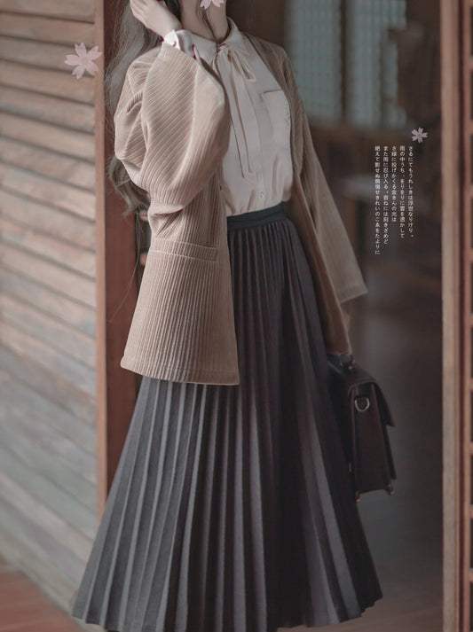 Sakura Note Showa Retro Haori Jacket + Chiffon Ribbon Shirt + Checkered Skirt + Dark Gray Skirt + Brooch