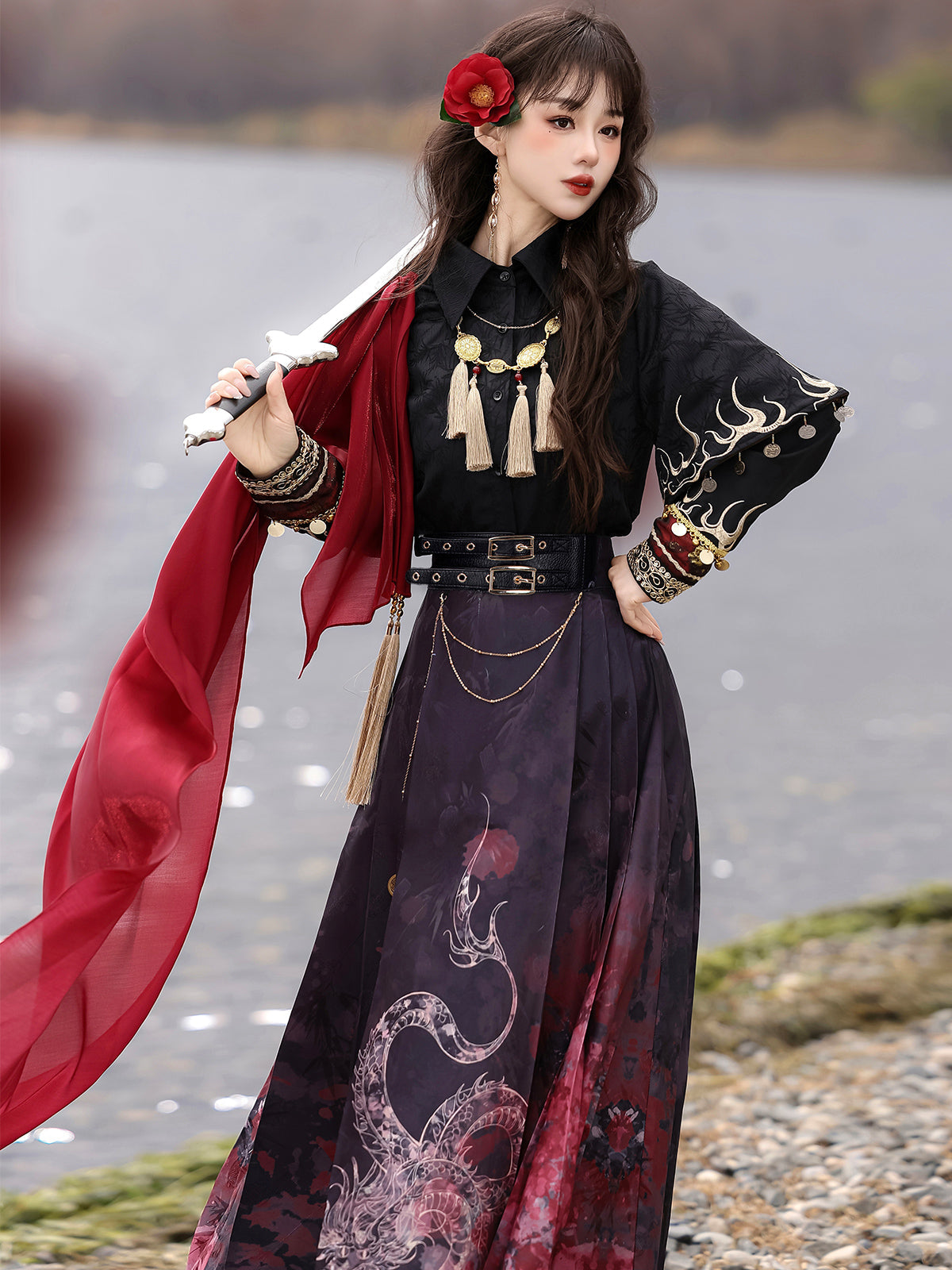 Fire China Long Coat + Top + Long Skirt