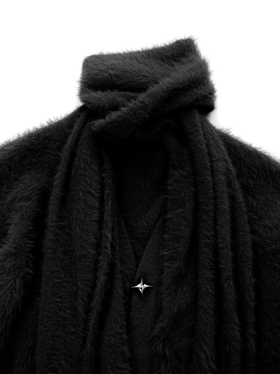 Metal Star Dark Style Loose Knit Cardigan With Scarf